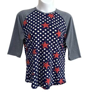 LuLaRoe T-Shirt Top Woman Size 2X Multicolor Stars Polka Dots Jersey 3/4 Sleeve
